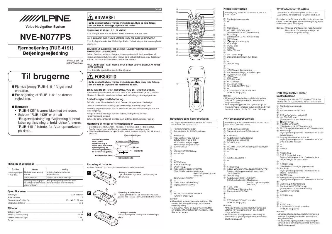 Mode d'emploi ALPINE RUE-4191 REMOTE FOR NVE-N077PS