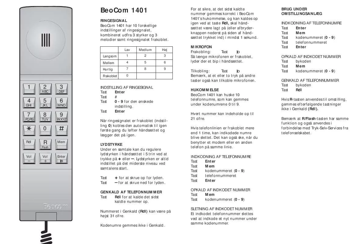 Mode d'emploi BANG & OLUFSEN BEOCOM 1401