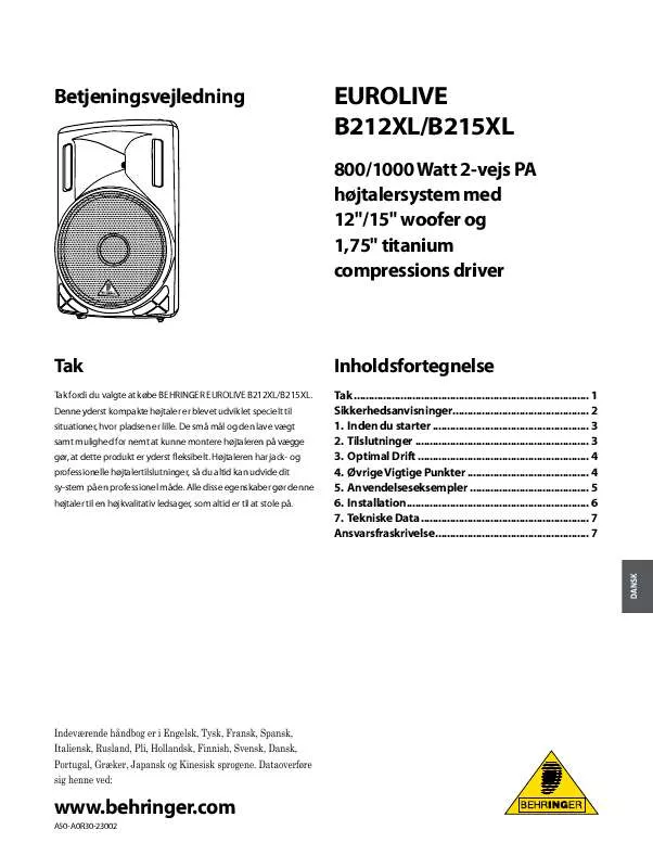 Mode d'emploi BEHRINGER B212XL