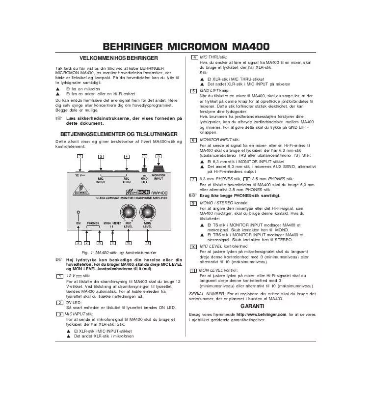 Mode d'emploi BEHRINGER MA400