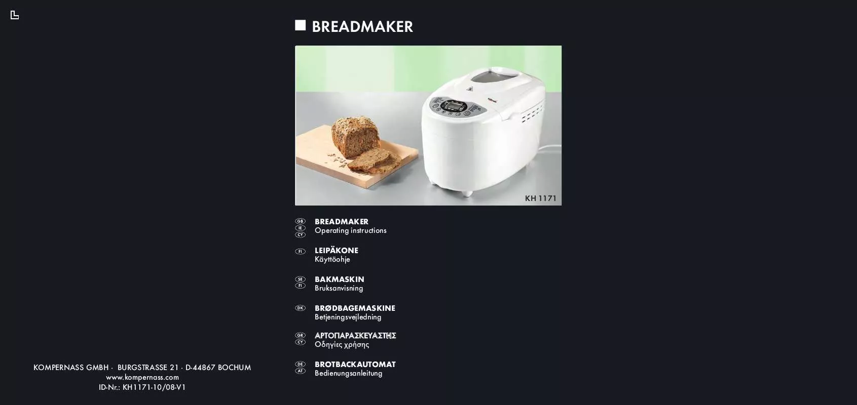 Mode d'emploi BIFINETT KH 1171 BREADMAKER