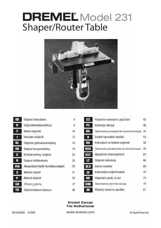 Mode d'emploi DREMEL 231 SHAPER ROUTER TABLE