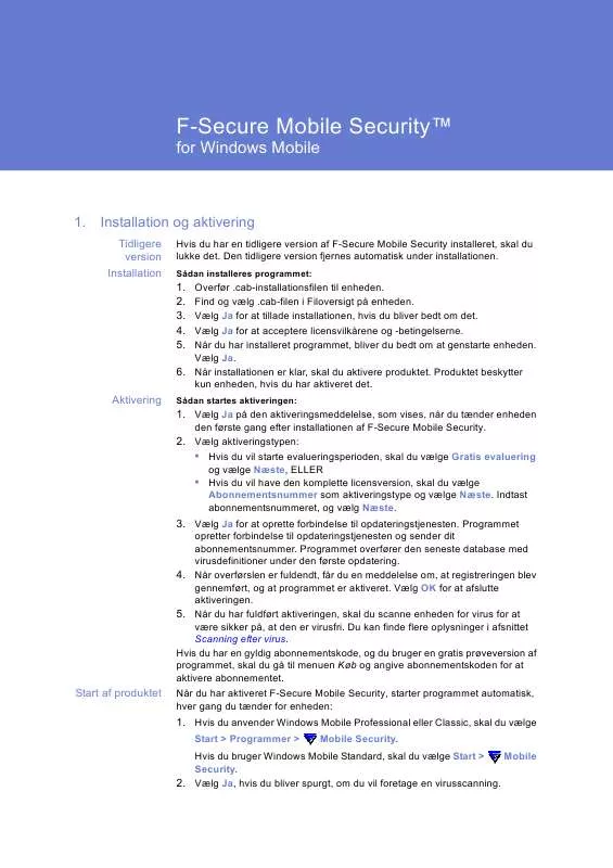 Mode d'emploi F-SECURE MOBILE SECURITY FOR WINDOWS MOBILE