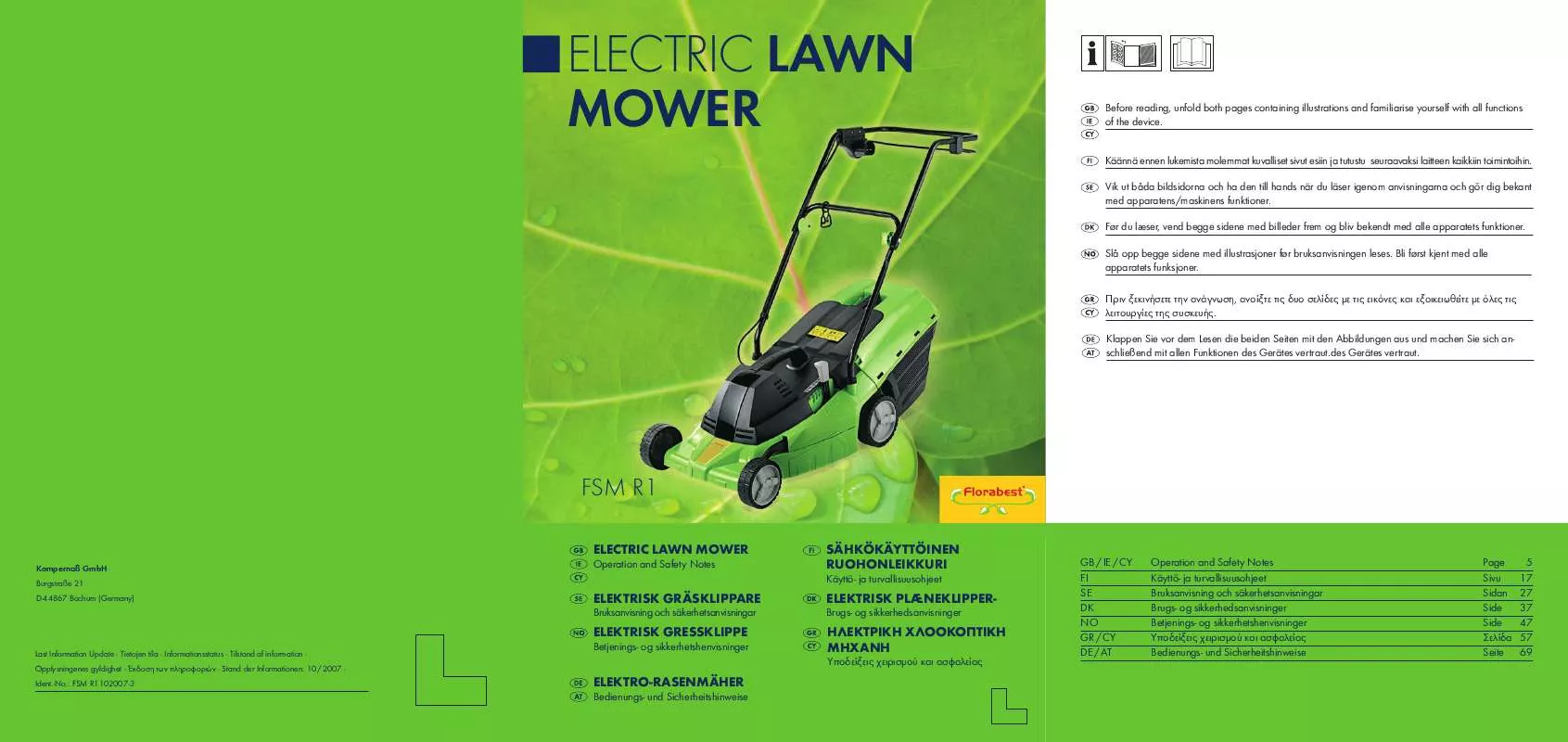 Mode d'emploi FLORABEST KH 3161 / FSM R1 ELECTRIC LAWN MOWER