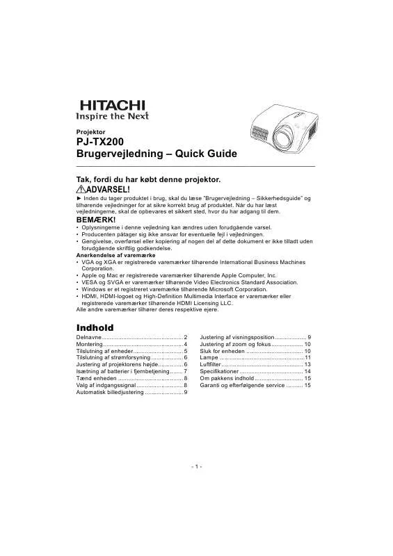 Mode d'emploi HITACHI PJ-TX200E