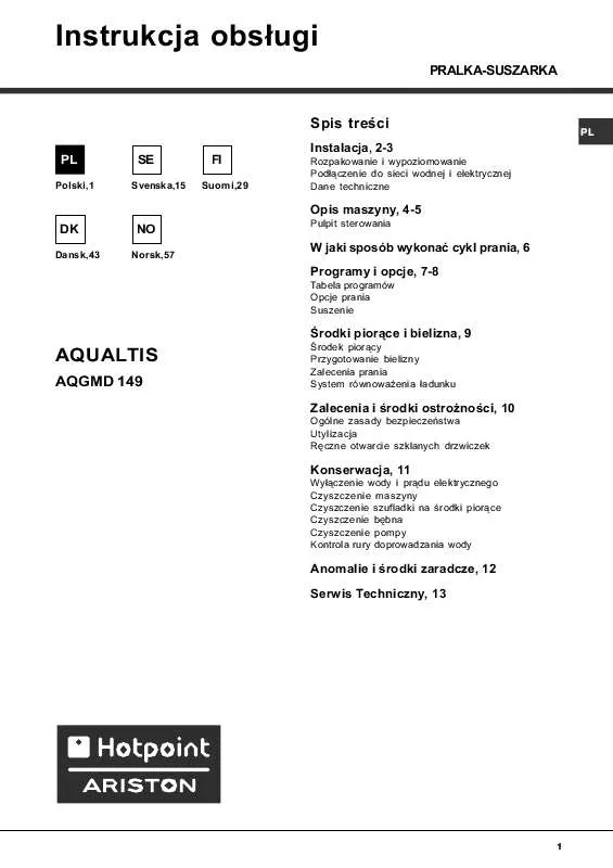 Mode d'emploi HOTPOINT AQGMD 149/B