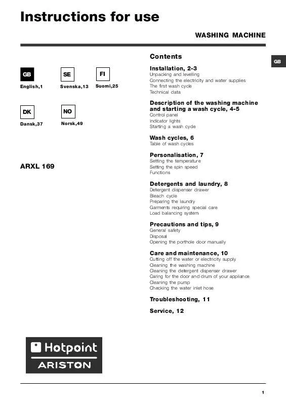 Mode d'emploi HOTPOINT ARXL 169