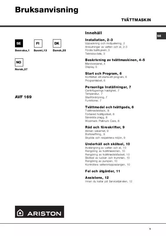 Mode d'emploi HOTPOINT AVF 169