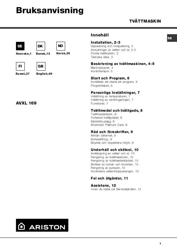 Mode d'emploi HOTPOINT AVXL 169