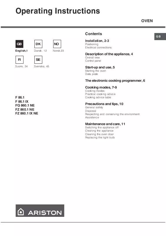 Mode d'emploi HOTPOINT FZ 860.1 IX NE