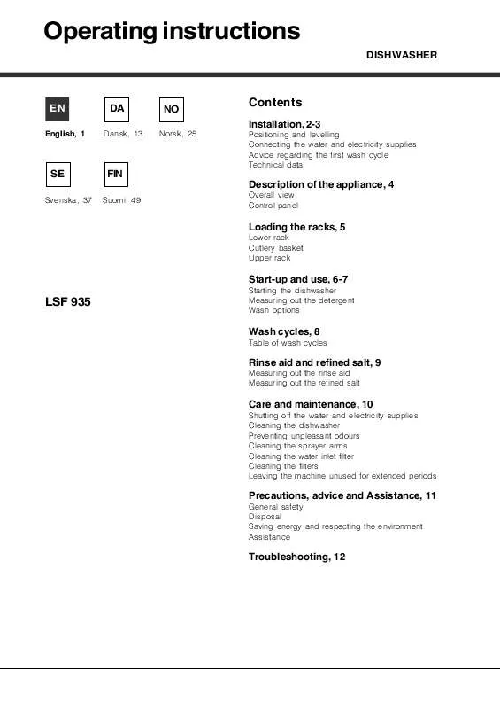 Mode d'emploi HOTPOINT LSF 935 SK