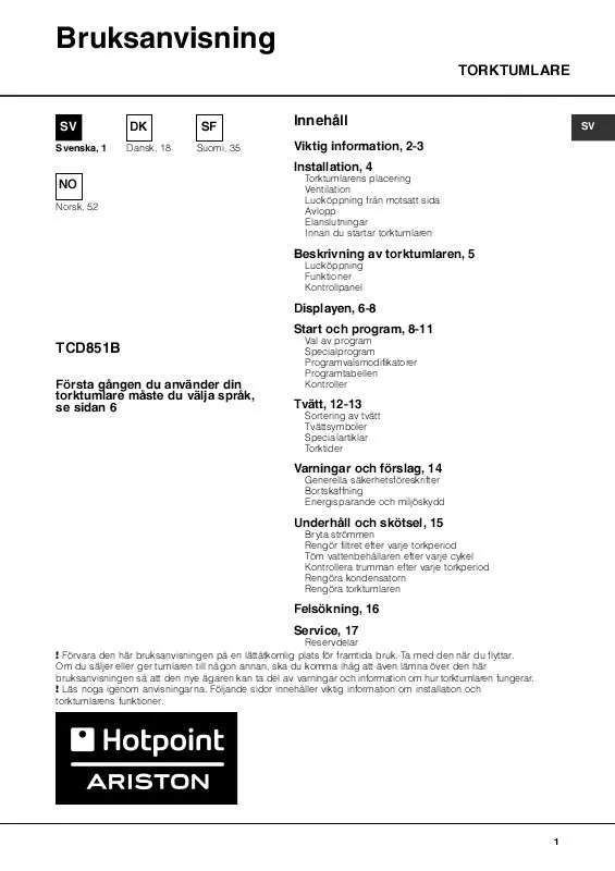 Mode d'emploi HOTPOINT TCD 851 B