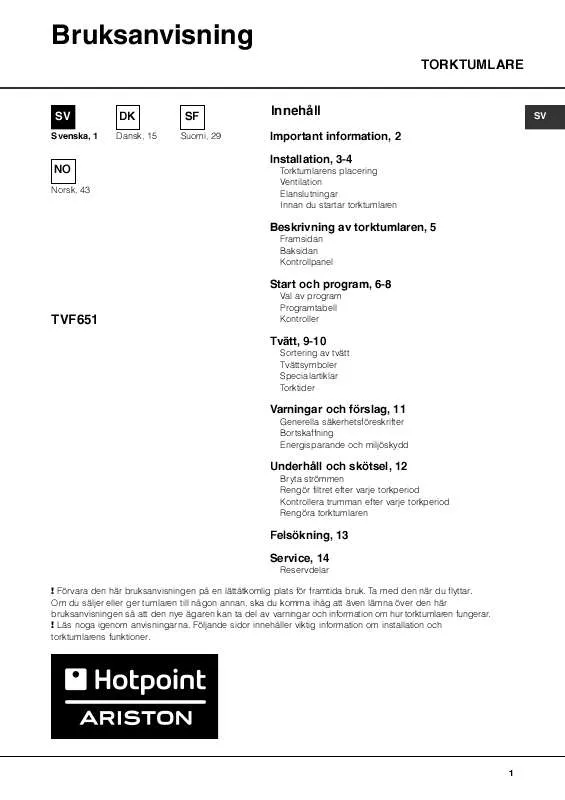 Mode d'emploi HOTPOINT TVF 651