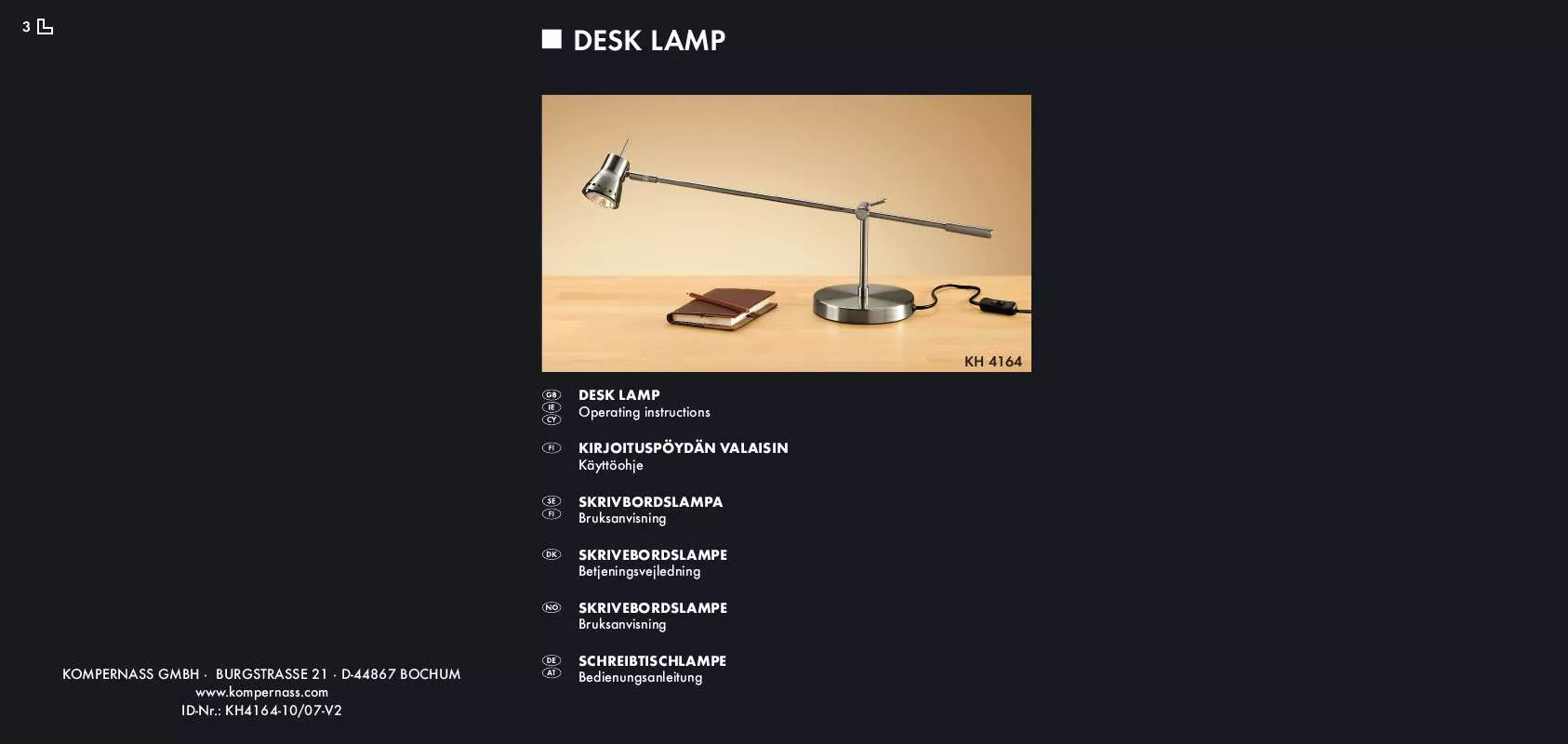 Mode d'emploi KOMPERNASS KH 4164 DESK LAMP