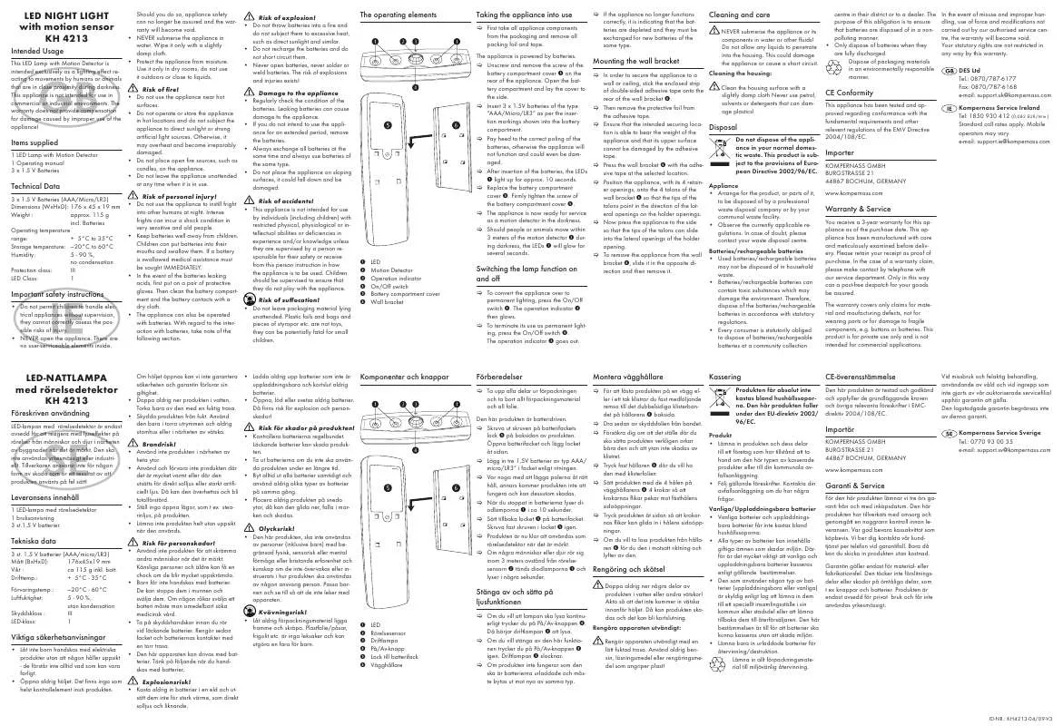 Mode d'emploi KOMPERNASS KH 4213 LED NIGHT LIGHT WITH MOTION SENSOR