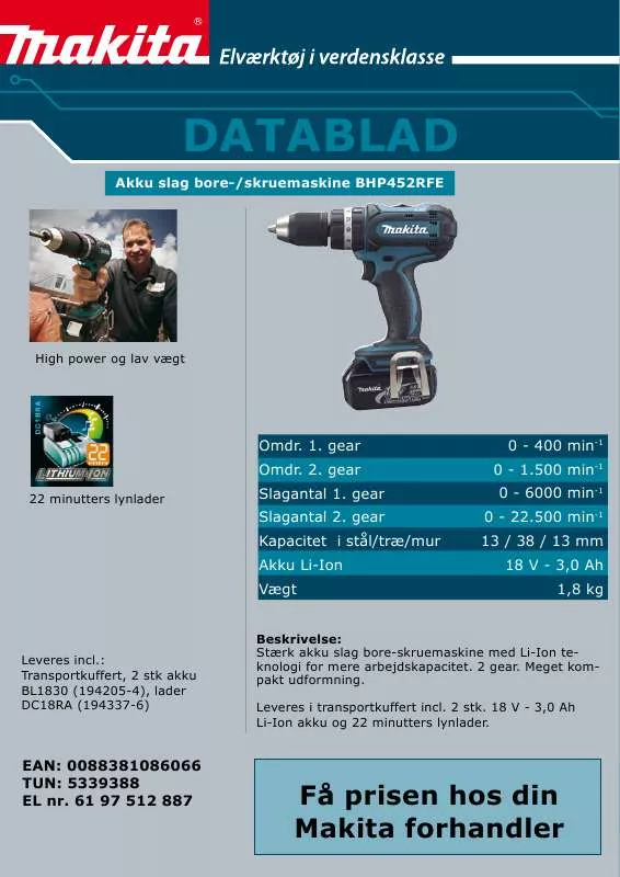 Mode d'emploi MAKITA BHP452RFE