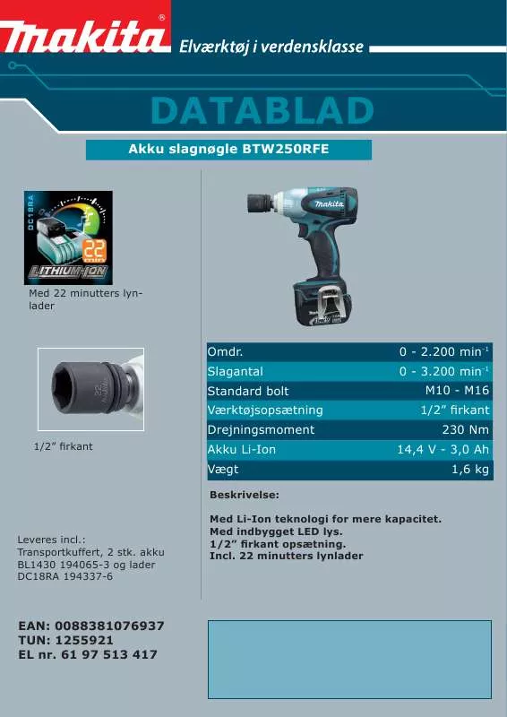 Mode d'emploi MAKITA BTW250RFE