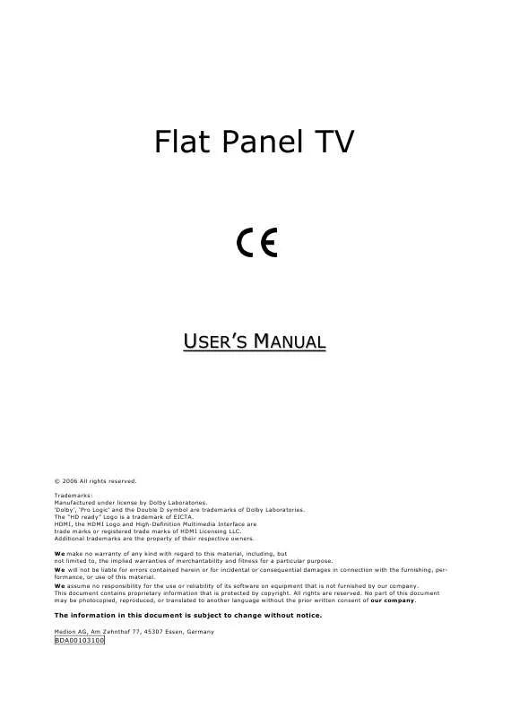 Mode d'emploi MEDION 42 PLASMA DISPLAY MD 30022