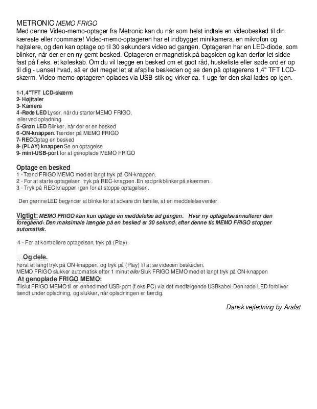 Mode d'emploi METRONIC MEMO FRIGO 475530