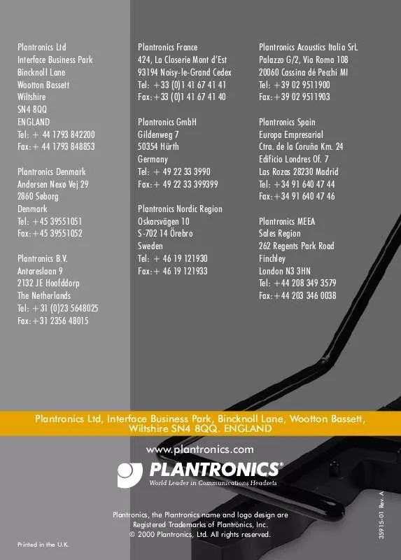 Mode d'emploi PLANTRONICS HL2 LIFTER FOR A20 AMPLIFIER