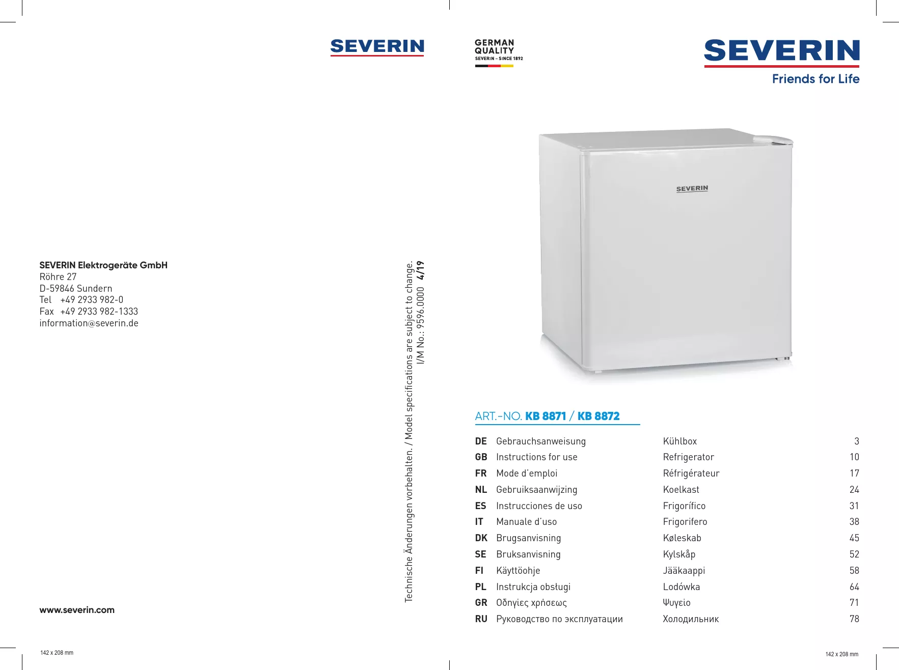 Mode d'emploi SEVERIN KB 8872