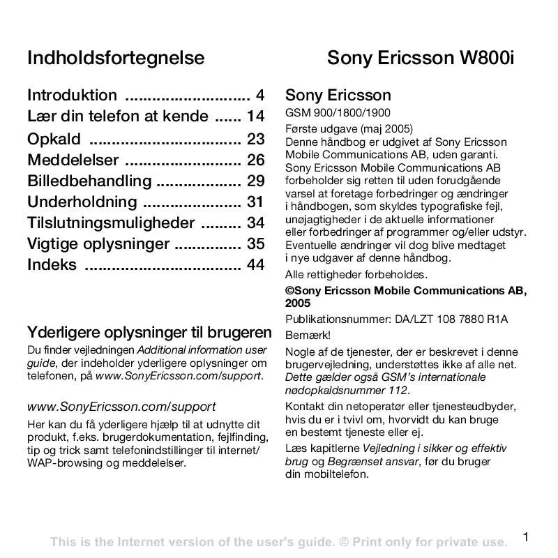 Mode d'emploi SONY ERICSSON W800