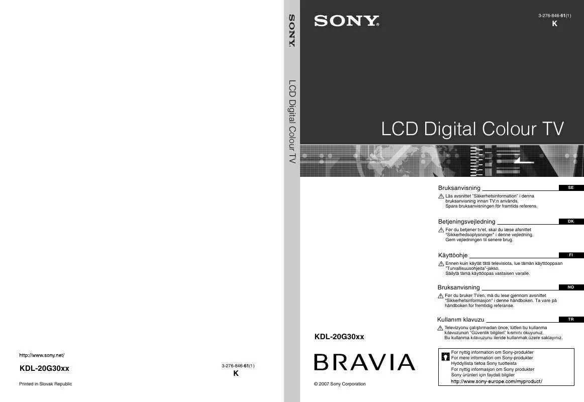 Mode d'emploi SONY KDL-20G3030