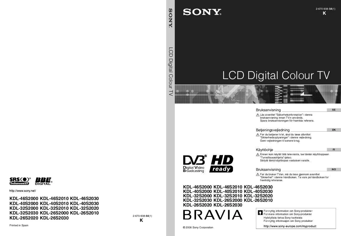 Mode d'emploi SONY KDL-26S2030