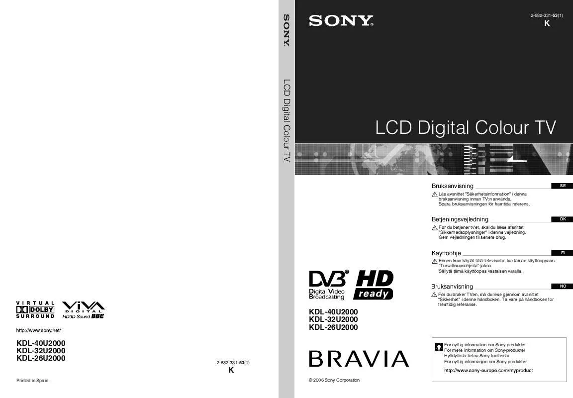 Mode d'emploi SONY KDL-26U2000