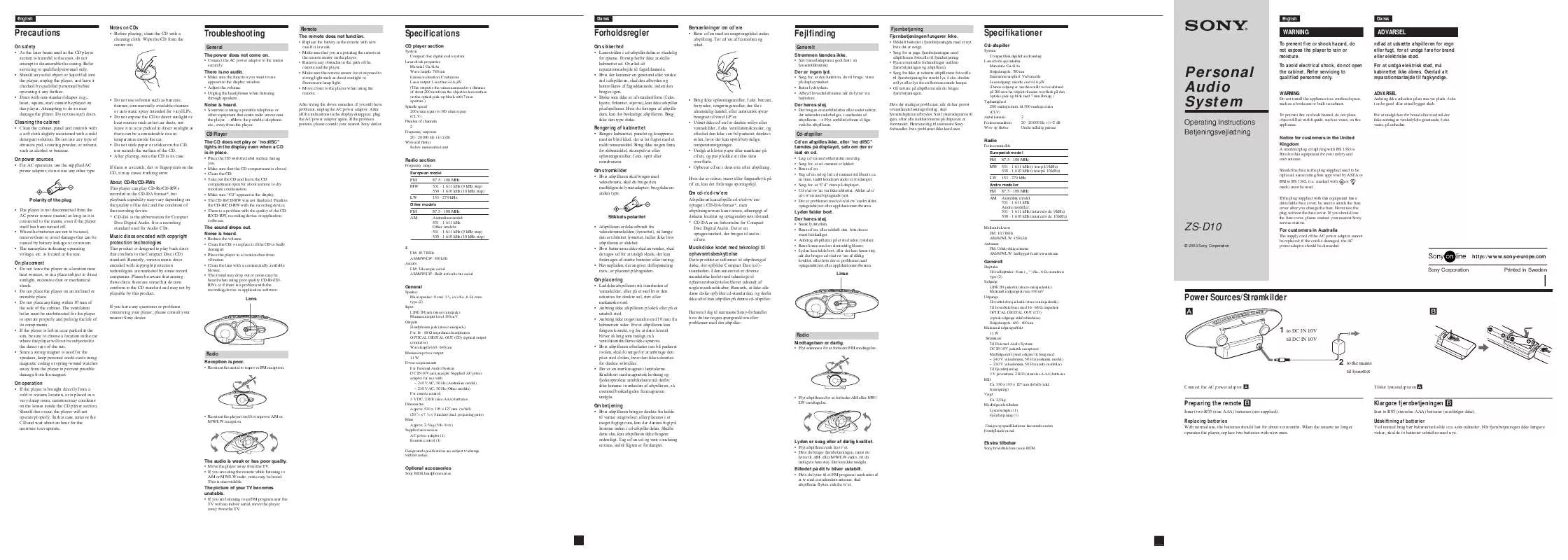 Mode d'emploi SONY ZS-D10