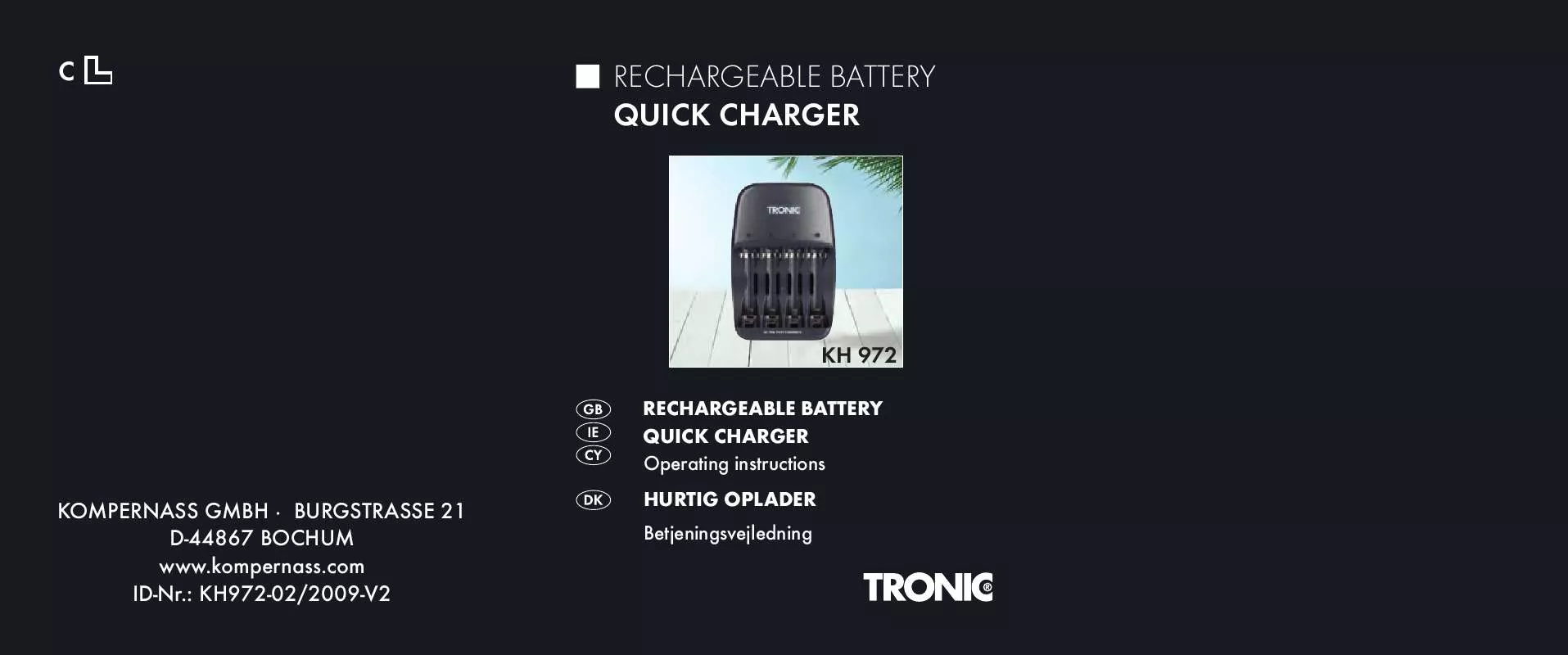 Mode d'emploi TRONIC KH 972 RECHARGEABLE BATTERY QUICK CHARGER