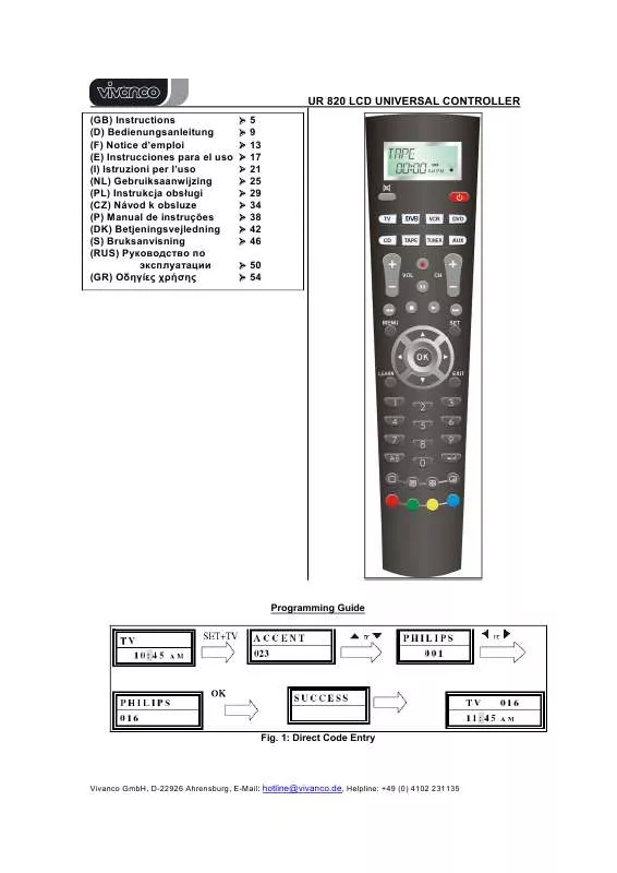 Mode d'emploi VIVANCO 8 IN 1 UNIVERSAL LCD REMOTE CONTROL QUOTSOFT TOUCHQUOT