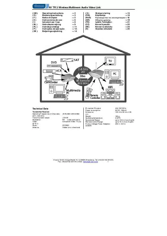 Mode d'emploi VIVANCO AV TR 3 WIRELESS MULTIROOM AUDIO VIDEO LINK