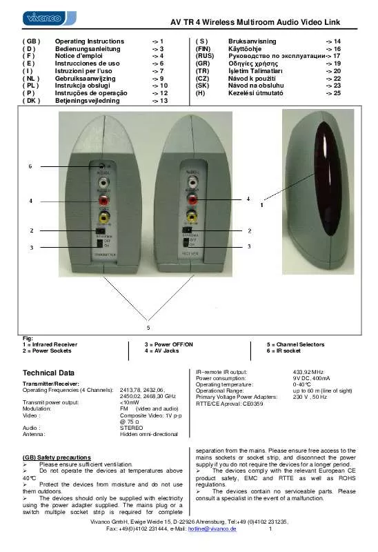 Mode d'emploi VIVANCO AV WIRELESS MULTIROOM LINK WITH REMOTE CONTROL FEEDBACK