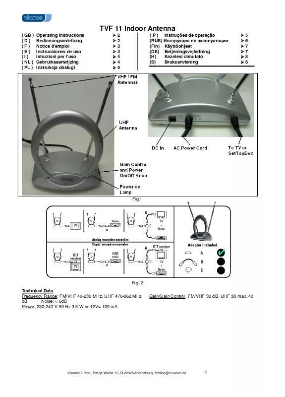 Mode d'emploi VIVANCO TVF 11 INDOOR ANTENNA