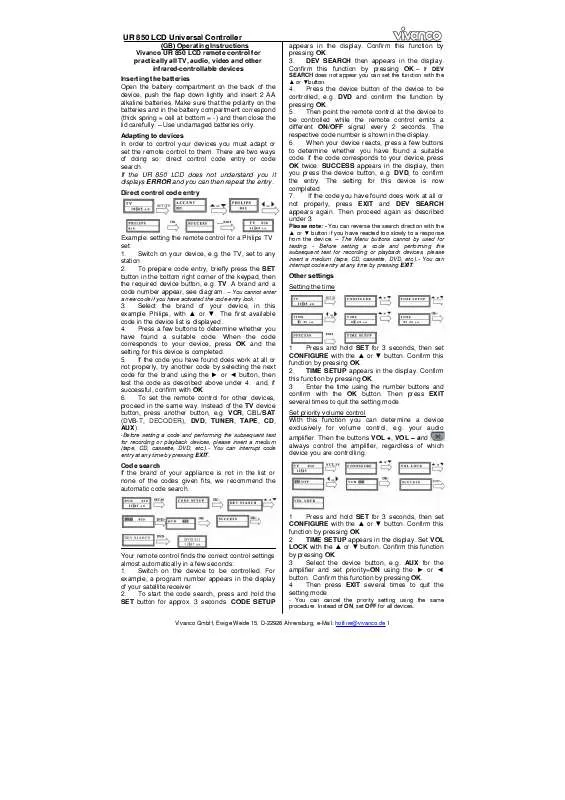 Mode d'emploi VIVANCO UR 850 LCD UNIVERSAL CONTROLLER