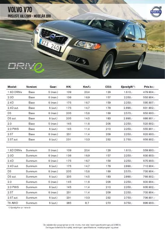 Mode d'emploi VOLVO V70