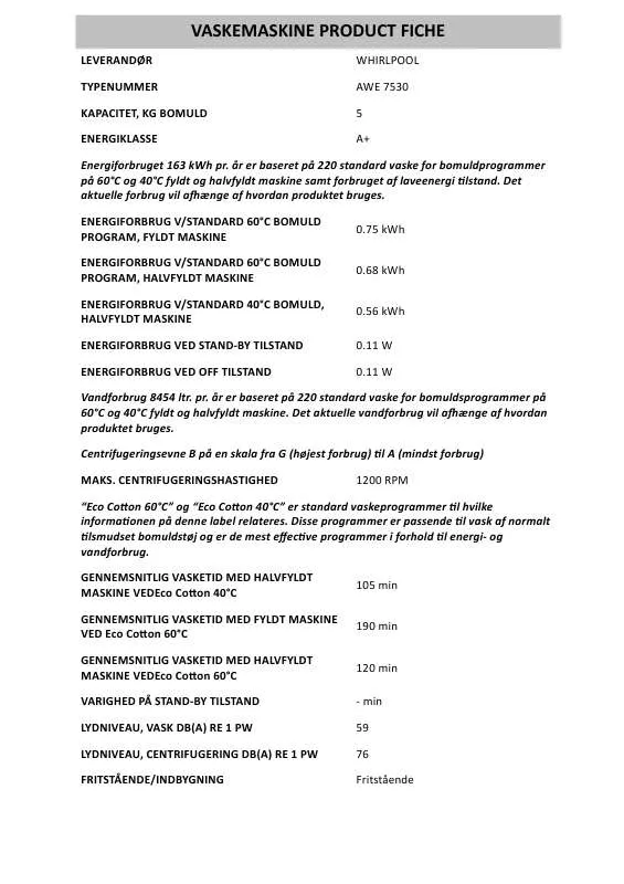 Mode d'emploi WHIRLPOOL AWE 7530